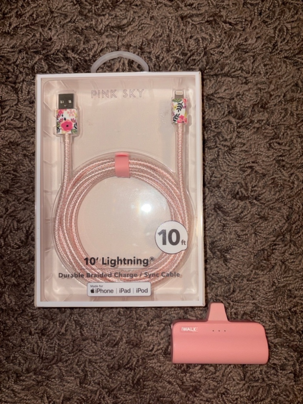 Pink 10ft Braided Lightning Charging Cable and Pink Iwalk portable charger